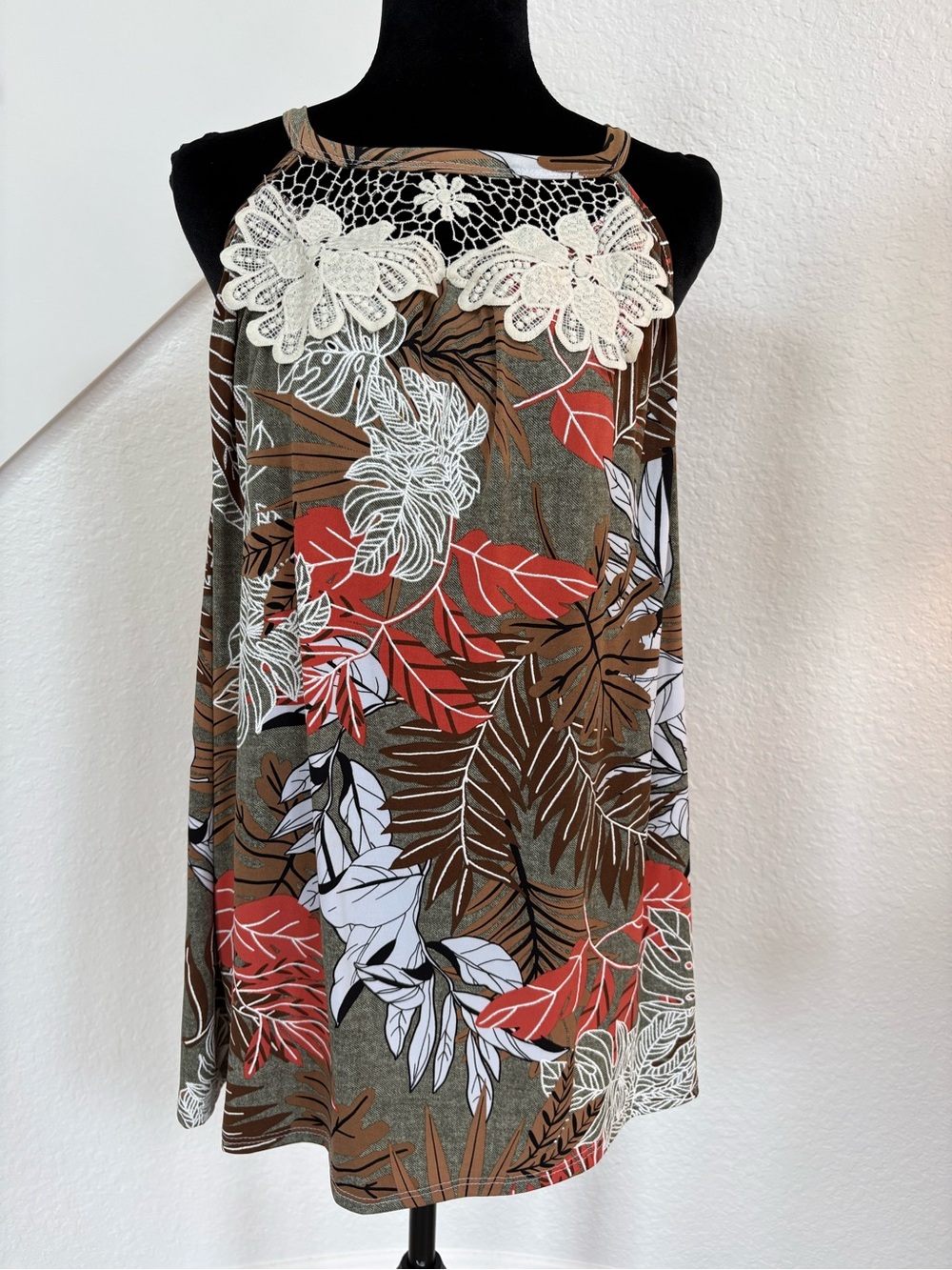 Amiana Tropical Print Tank with Crochet Yoke - Olive & Rust